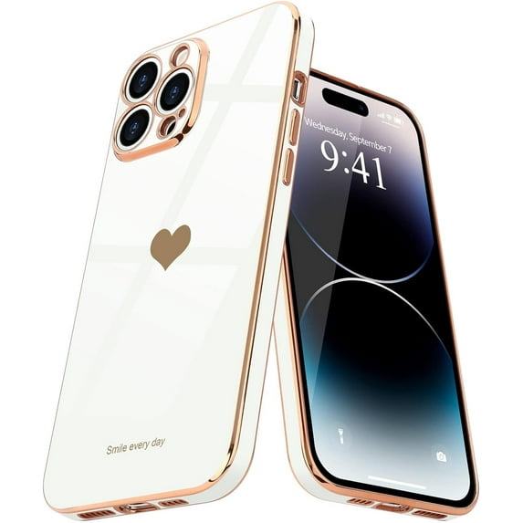 Love-Heart Luxury Case for Apple iPhone 14 Pro Max Heart Case, Cute Design Shiny Bling Cover, Soft TPU Slim Shockproof Protective Case for Apple iPhone 14 Pro Max for Women Girls, White