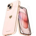 thumbnail image 1 of Love-Heart Luxury Case for Apple iPhone 15 Heart Case, Cute Design Shiny Bling Cover, 3 in 1 Bundle Case with 2 PACK Clear Tempered Glass for Apple iPhone 15 for Women Girls, Rose, 1 of 7