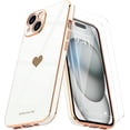 thumbnail image 1 of Love-Heart Luxury Case for Apple iPhone 15 Plus Heart Case, Cute Design Shiny Bling Cover, 3 in 1 Bundle Case with 2 PACK Clear Tempered Glass for Apple iPhone 15 Plus for Women Girls, White, 1 of 7