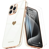 Love-Heart Luxury Case for Apple iPhone 15 Pro Max Heart Case, Cute Design Shiny Bling Cover, 3 in 1 Bundle Case with 2 PACK Clear Tempered Glass for Apple iPhone 15 Pro Max for Women Girls, White
