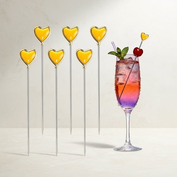 Love Heart Metal Cocktail Picks, 6 Packs Reusable Cocktail Toothpicks & Martini Skewers - Elegant Drink Stirrers & Appetizer Picks for Wedding Favors, Valentines Day Gifts, Party Supplies