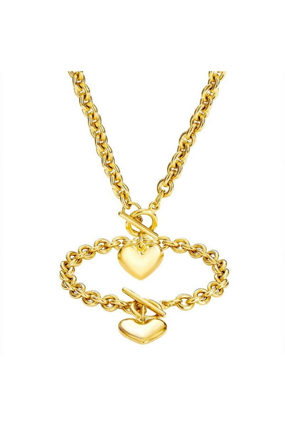 Love Heart Necklace and Bracelet Jewelry Sets for Women Gift 14K Yellow Gold Engagement Wedding Party Chain Set Jewelry Fashion