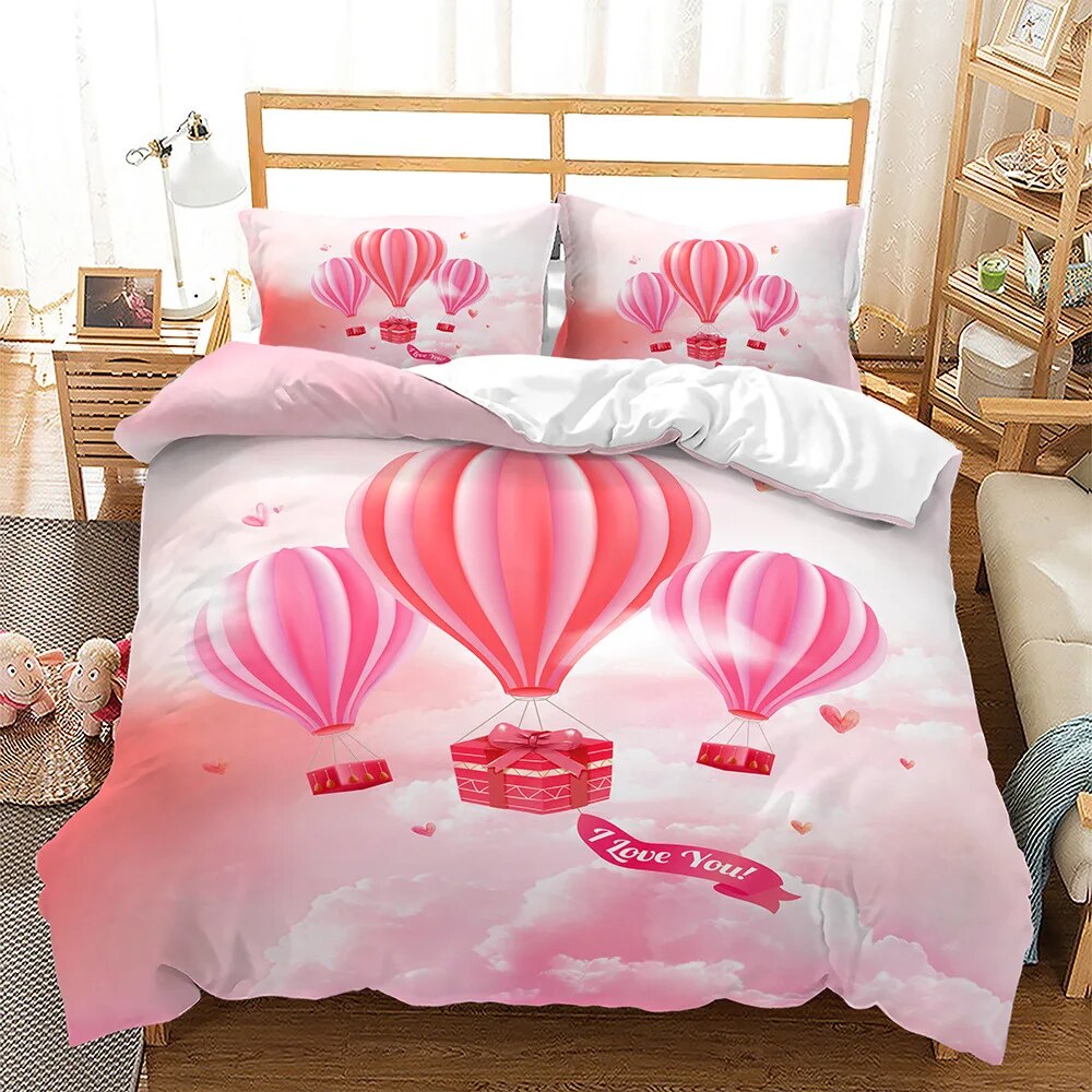 Love Heart Pattern King Duvet Cover Pink Puzzle Bedding Set for Kids
