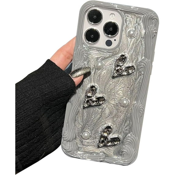 Love Heart Pearl Glitter Aesthetic Soft Case Compatible with iPhone Case (iPhone 13 Pro Max,Gray)