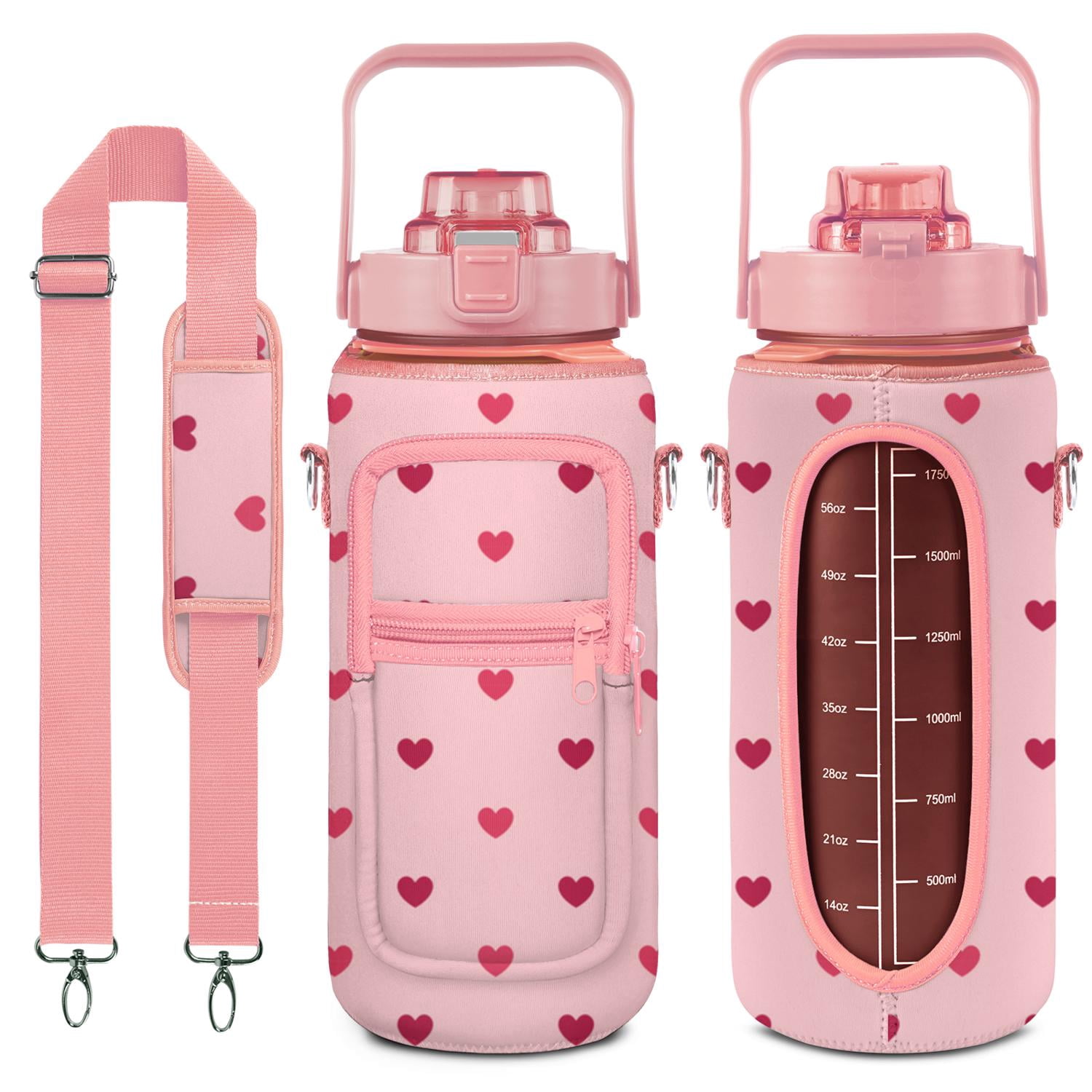Love Heart Pink 64 Oz Water Bottle with Measurements - BPA Free Leakproof Sport Large Plastic Water Bottle with Straw & Time Marker & Insulated Neoprene Holder Carrier Bag Great Gift for Women Men