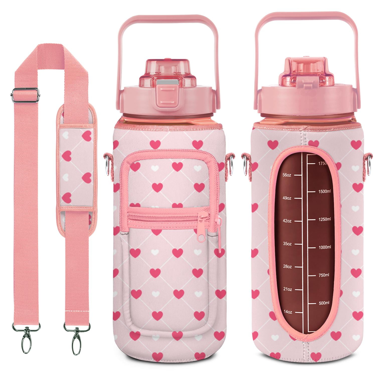Love Heart Pink 64 Oz Water Bottle with Measurements - BPA Free Leakproof Sport Large Plastic Water Bottle with Straw & Time Marker & Insulated Neoprene Holder Carrier Bag Great Gift for Women Men