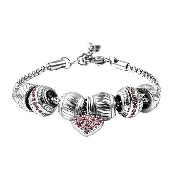 Love Heart Pink Crystal Bracelet for Women Jewelry Charm Jewelry Stainless Steel Size 7-8" Birthday Gifts for Women