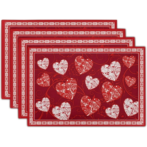 Love Heart Placemats Set of 4, Valentines Day Red White Hearts Print Linen Place Mat 12x18 Inch, Romantic Non-Slip Washable Table Mats Kitchen Dining Tabletop Holiday Party Wedding Decor