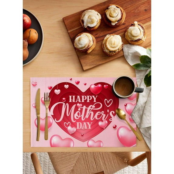 Love Heart Placemats Set of 6, Washable Woven Burlap Cloth Fabric Placemat for Square/Rectangle/Round/Oval Dining Table, Easy Clean Place Mats for Toddlers, Kids Best Mom Happy Mother''s Day