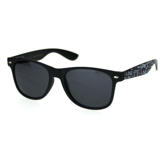 Love Heart Print Arm Hipster Black Horn Rim Sunglasses Matte Black Black