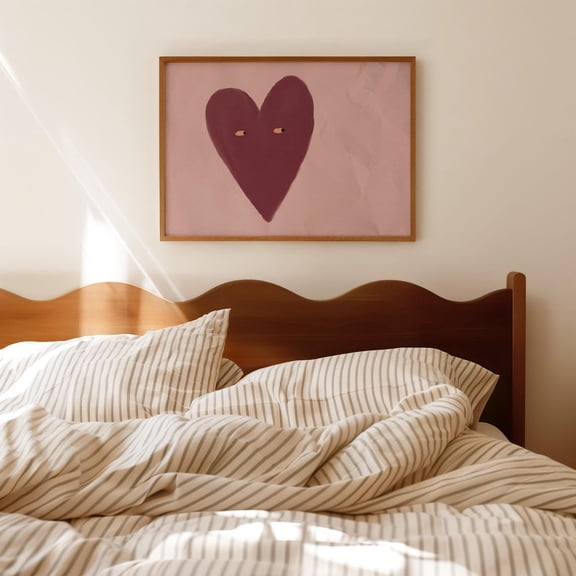 Love Heart Print Mauve Dusty Pink Vintage Style Painted Wall Art Trendy Aesthetic Home Decor Cute Bedroom Heart With Eyes Physical Print