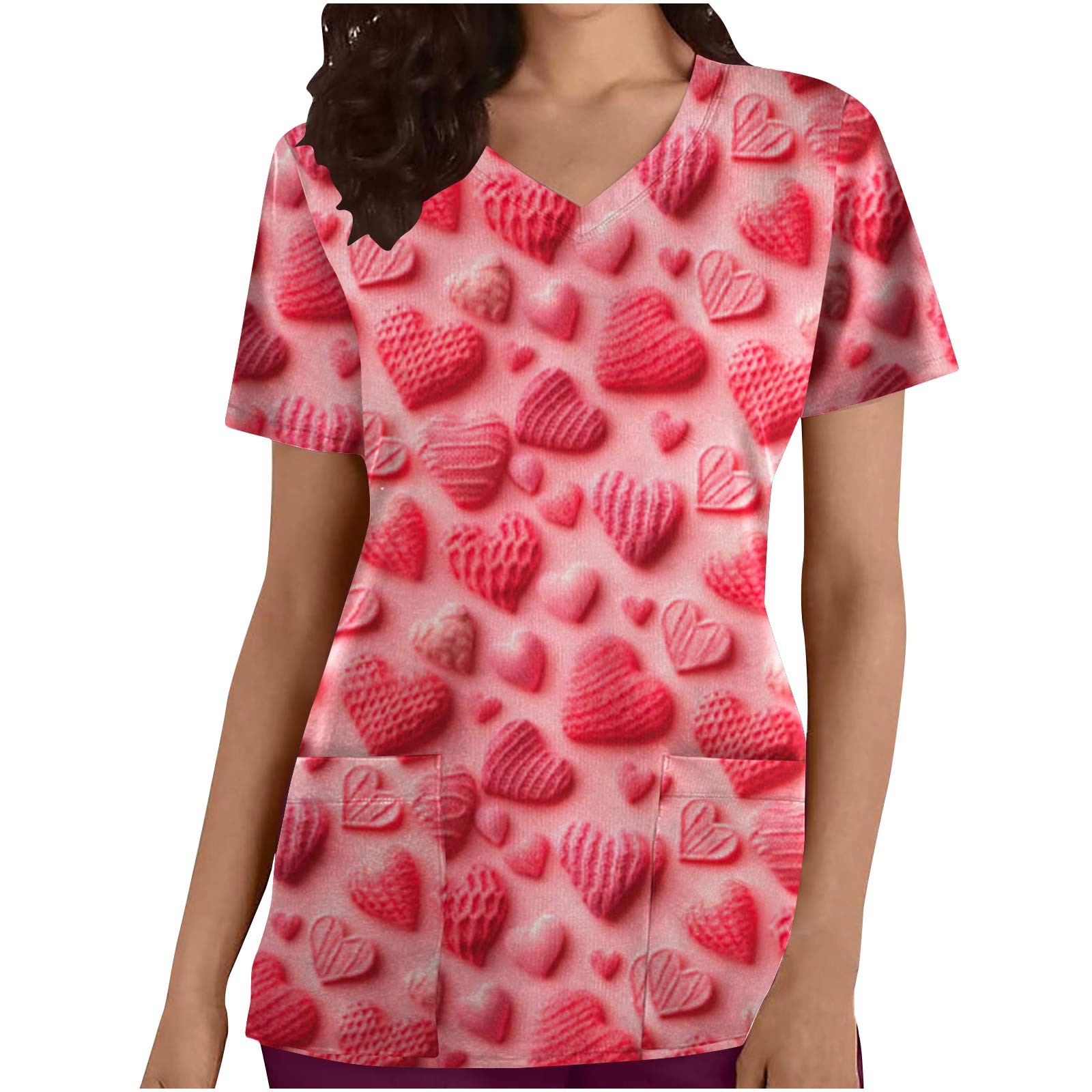 Love Heart Print Scrubs Tops for Ladies 2024 Basic Fit Nursing Uniforms