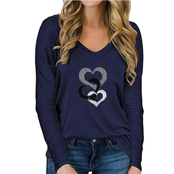 Love Heart Print T Shirt Women Funny Valentine's Day V Neck Tee Shirt Love Heart Graphic Long Sleeve Tops Gifts