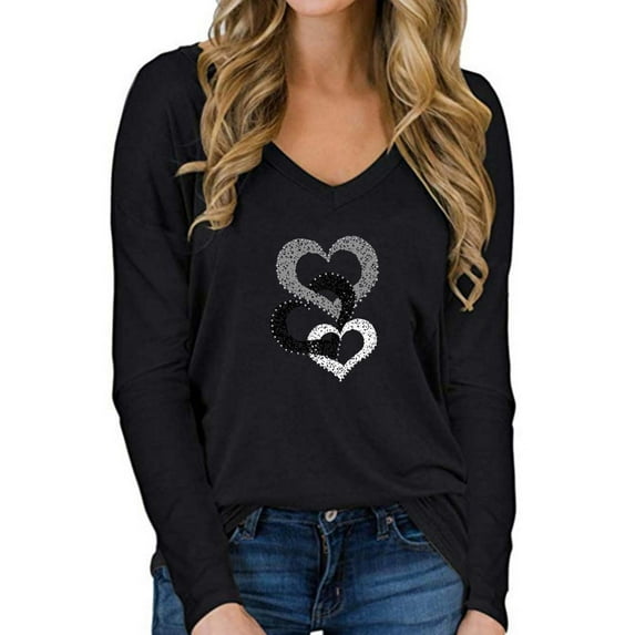 Love Heart Print T Shirt Women Funny Valentine's Day V Neck Tee Shirt Love Heart Graphic Long Sleeve Tops Gifts