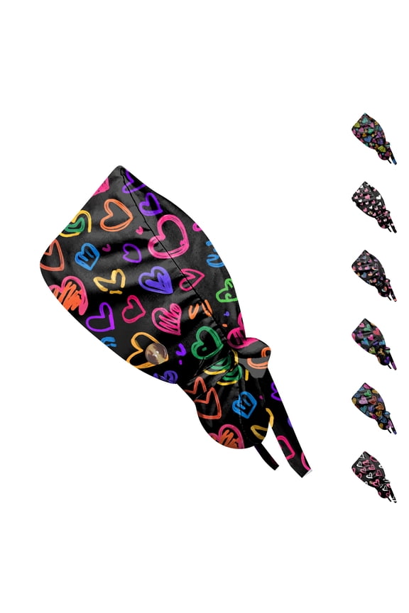 Love Heart Print Working Cap, Adjustable Surgical Scrub Hat, Casual Bouffant Head Cover for Women's Long Hair Pink