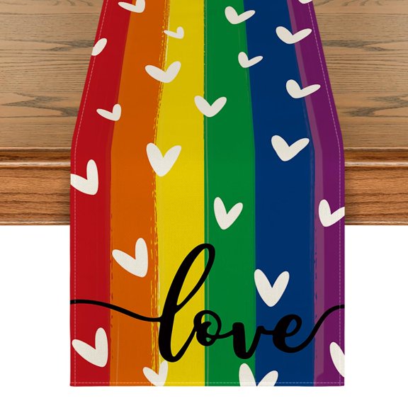 Love Heart Rainbow Pride Day Table Runner, Kind Holiday Kitchen Dining Table Decoration for Home Party Decor 13x72 Inch