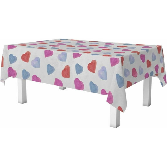 Love Heart Rectangle Table Cloth Red Blue Pink Watercolor Heart Shaped Wipeable Waterproof Tablecloths Table Cover for Party Picnic Dinner Indoor and Outdoor 60" X 84"