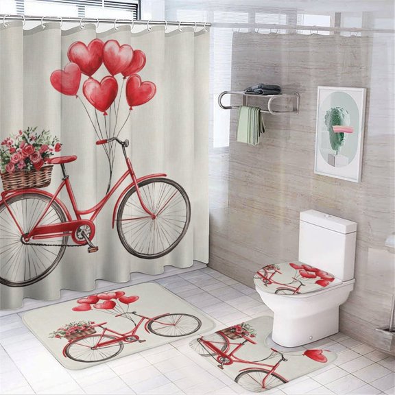 Love Heart Rose Bicycle 4 Piece Bathroom Rug Set with Shower Curtain Non-Slip Rugs And Toilet Mat Lid Rug Accessories Valentine's Day Bike Rose Flower Decorative Bathroom Decor Shower