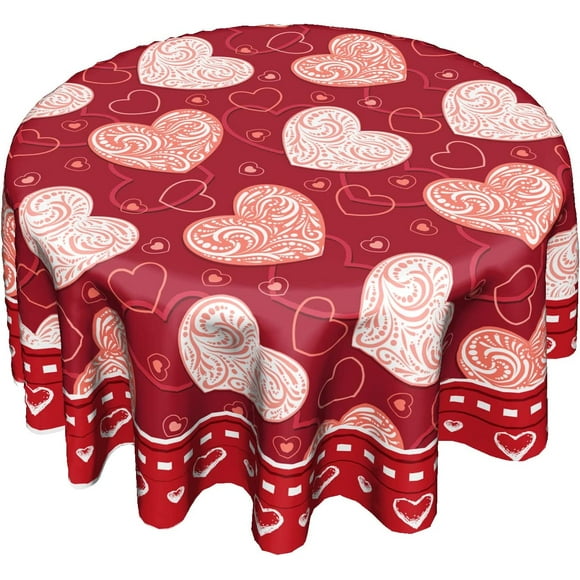Love Heart Round Tablecloth for Valentine''s Day, Wedding Anniversary, Marriage Engagements ,Red Table Cloths 60 inch Washable Polyester Table Cover Dining Party Valentine Decor