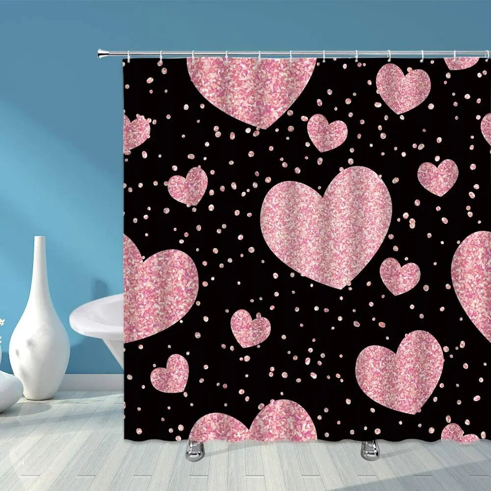 Love Heart Shower Curtain Black White Striped Valentine Day Romantic