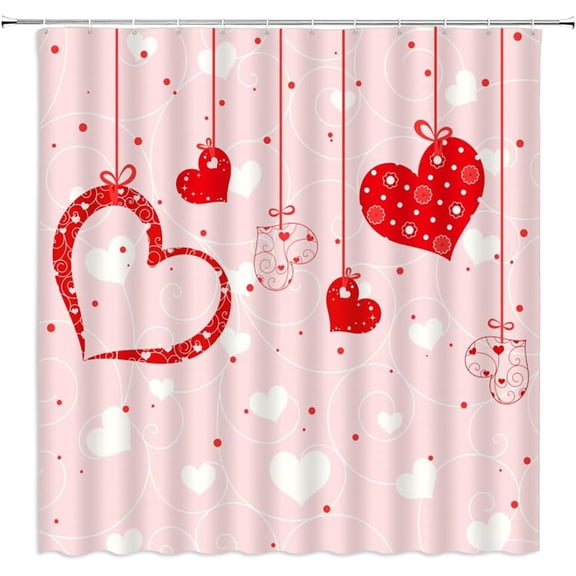 Love Heart Shower Curtain Red Pink Heart Cute Fashion Woman Girls Romantic Valentine''s Day Modern Polyester Curtains Bathroom Decor with Hooks 70" Wx70 H