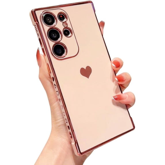 Love Heart Solid Color Plating TPU Case Compatible with Samsung Galaxy Case (Galaxy S21 Ultra,Pink)