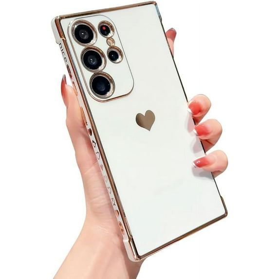 Love Heart Solid Color Plating TPU Case Compatible with Samsung Galaxy Case (Galaxy S21 Ultra,White)