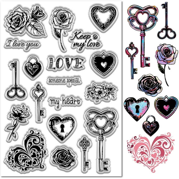 Love Heart Stamp Valentine's Day Hearts Clear Stamps Flower Rose Keys Retro Transparent Silicone Rubber Stamps Seal for Valentines DIY Photo Scrapbooking Paper Card Album Crafting Supplies