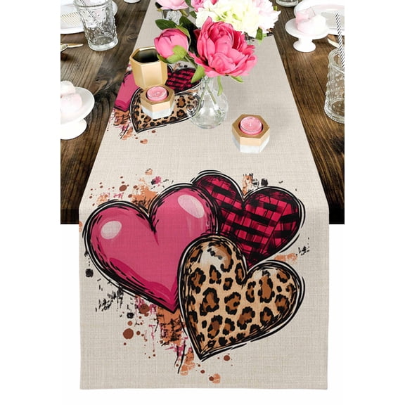 Love Heart Table Runner, Pink Leopard Washable Cotton-linen Table Runners Dining Kitchen Decoration for Everyday Home Wedding Party Decor, 13 x 120 Inch