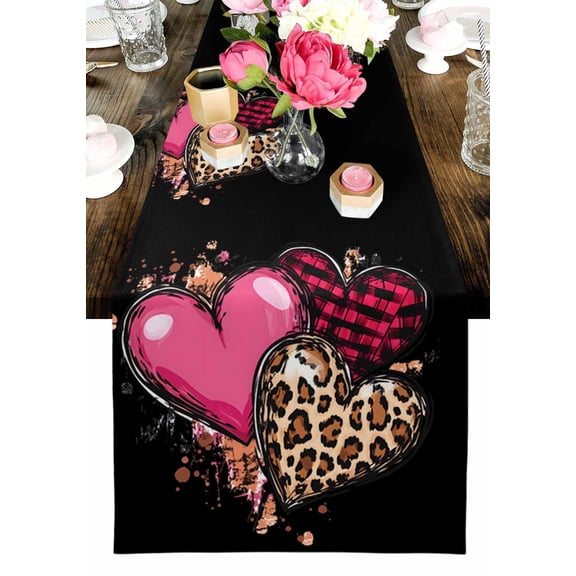 Love Heart Table Runner, Pink Leopard Washable Cotton-linen Table Runners Dining Kitchen Decoration for Everyday Home Wedding Party Decor, 13 x 72 Inch