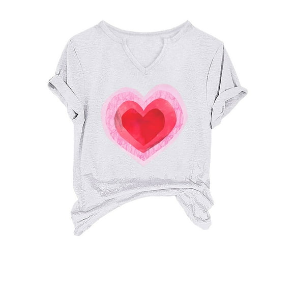 Love Heart Tee Shirt Women Cute Valentine's Day Tops Short Sleeve T-Shirts Notch V Neck Basic Tees