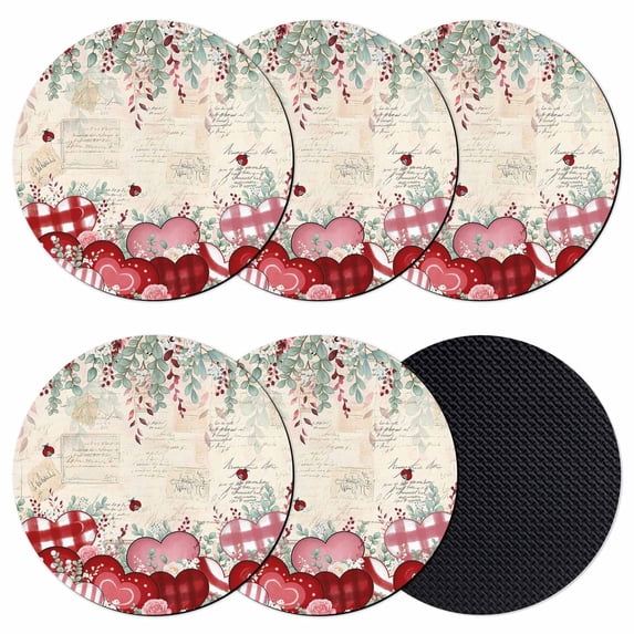 Love Heart Valentine's Coasters Set of 6, Absorbent Coasters for Drinks, Eucalyptus Botanical Red Pink Retro Coaster for Desk Coffee Table Protection, Home Decor House Warming Gifts 4"