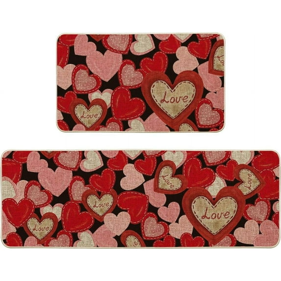 Love Heart Valentine''s Day Kitchen Mats Set of 2, Home Decor Low-Profile Kitchen Rugs for Floor - 17x29 and 17x47 Inch