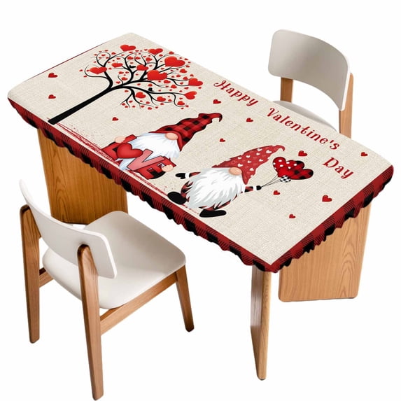 Love Heart Valentine's Day Table Cloths for 6 Foot Rectangle Tables, Tree Gnomes Romantic Rustic Patio Waterproof Elastic Fitted Tablecloths, Washable Rectangular Table Cover for Camping