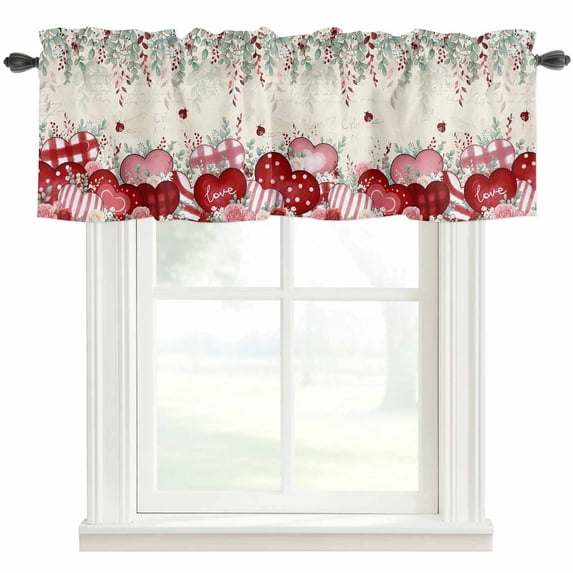 Love Heart Valentine's Farmhouse Short Window Curtain Valances, Vintage Eucalyptus Botanical Red Pink Rod Pocket Kitchen Valances for Living Room Bedroom Bathroom Cafe 54" x 18"