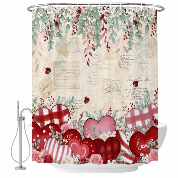 Love Heart Valentine's Shower Curtain Set - 48" x 72" Washable Bathtub Curtain with 12 Hooks, Eucalyptus Botanical Red Pink Retro Waterproof Fabric Stall Shower Curtains for Bathroom/Bathtub Décor