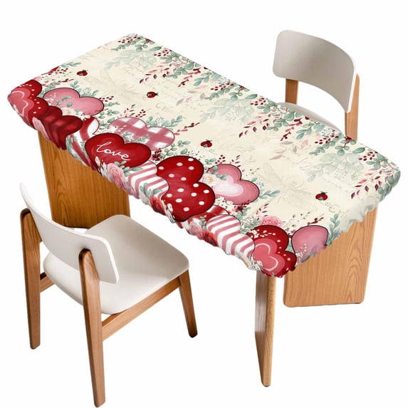 Love Heart Valentine's Table Cloths for 4 Foot Rectangle Tables, Vintage Eucalyptus Botanical Red Pink Patio Waterproof Elastic Fitted Tablecloths, Washable Rectangular Table Cover for Camping