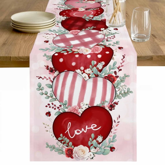 Love Heart Valentine's Table Runner - 48 Inch Long Eucalyptus Botanical Red Pink Ombre Cotton and Linen Blended Dress Scarves Farmhouse Table Runner for Kitchen Dining, Coffee Table, 13" x 48"
