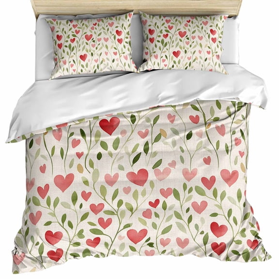 Love Heart Valentines Bedding 3 Piece Duvet Cover Set Queen Size, Rustic Botanical Spring Soft Microfiber Comforter Cover with Zipper Closure & Pillowcases, Wrinkle & FadeResistant Quilt Cover