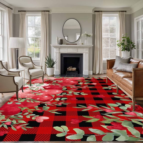 Love Heart Valentines Day Area Rugs 5'x8', Washable Small Throw Rugs for Classroom Bedroom, Botanical Eucalyptus Red Plaid Indoor Outdoor Rug Non-Slip Low Pile Carpet Runner Reversible Floor Mats