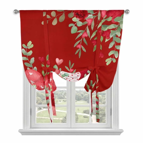 Love Heart Valentines Day Balloon Curtains for Living Room/French Door, Botanical Eucalyptus Red Tie Up Curtains 63 Inch Length Energy Saving Kitchen Curtains Shades for Windows 42"x63"