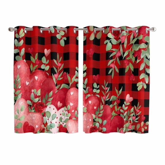 Love Heart Valentines Day Kitchen Curtains Window Panels, Botanical Eucalyptus Red Plaid Insulated Window Treatment Curtain, Grommet Curtains for Bedroom/Living Room/Bathroom, 2 Piece 52"Wx63"L