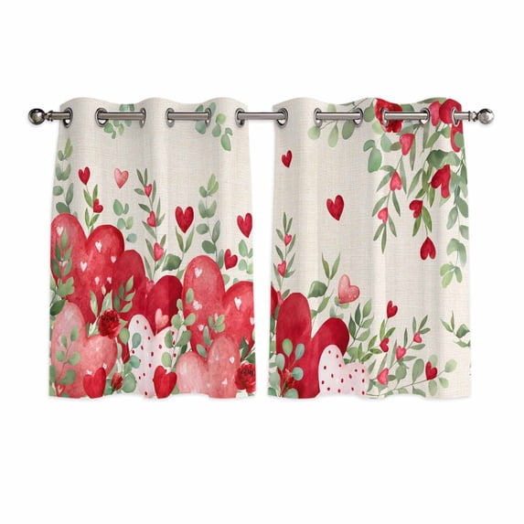 Love Heart Valentines Day Kitchen Curtains Window Panels, Botanical Eucalyptus Red Rustic Insulated Window Treatment Curtain, Grommet Curtains for Bedroom/Living Room/Bathroom, 2 Piece 42"Wx45"L