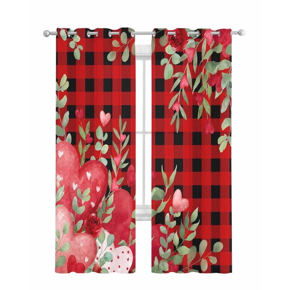 Love Heart Valentines Day Sheer Curtains 84 Inch Length 2 Panels Set for Living Room/Bedroom, Botanical Eucalyptus Red Plaid Kitchen Curtains Grommet Semi-Sheer Curtains Window Treatments 52"x84"x2