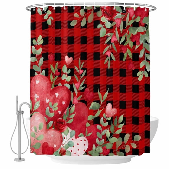 Love Heart Valentines Day Shower Curtain Set - Long 72" x 84" Washable Bathtub Curtain with 12 Hooks, Botanical Eucalyptus Red Plaid Waterproof Fabric Stall Shower Curtains for Bathroom/Bathtub