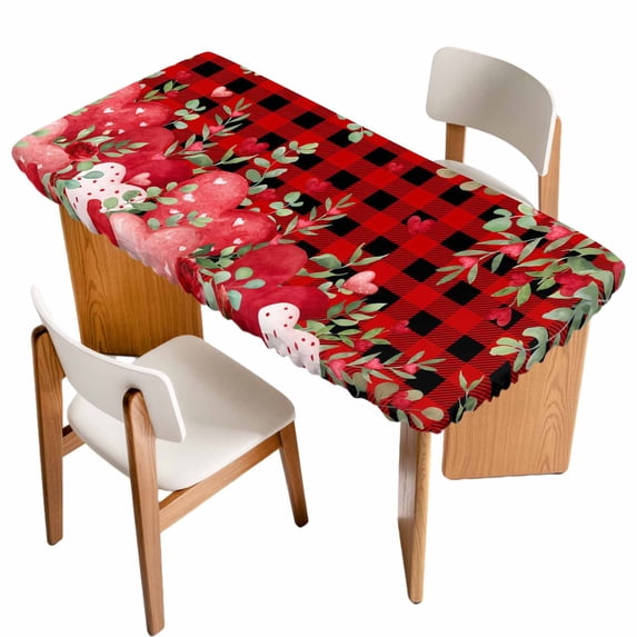 Love Heart Valentines Day Table Cloths for 3 Foot Rectangle Tables, Botanical Eucalyptus Red Plaid Patio Waterproof Elastic Fitted Tablecloths, Washable Rectangular Table Cover for Camping