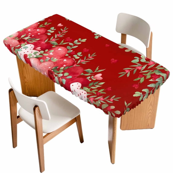 Love Heart Valentines Day Table Cloths for 4 Foot Rectangle Tables, Botanical Eucalyptus Red Patio Waterproof Elastic Fitted Tablecloths, Washable Rectangular Table Cover for Camping