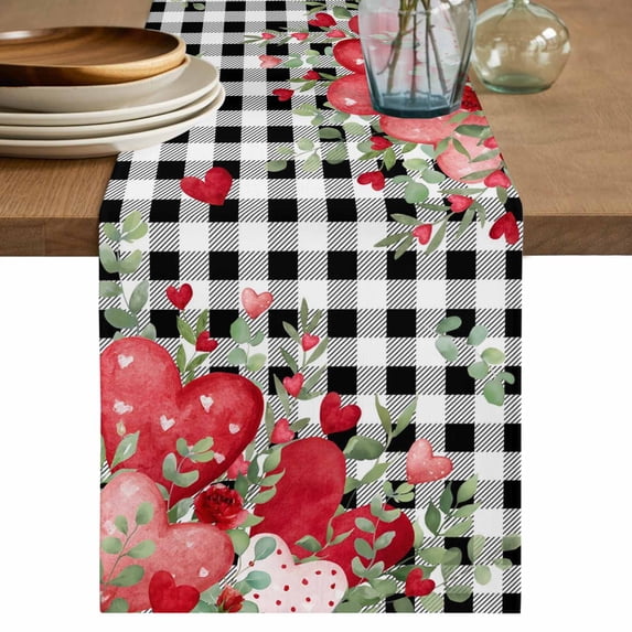 Love Heart Valentines Day Table Runner 72 Inches, Botanical Eucalyptus Red Black Plaid Bed Runner Dresser Scarves Tabletop for Indoor Outdoor Parties/Ceremony/Banquet, 13" x 72"