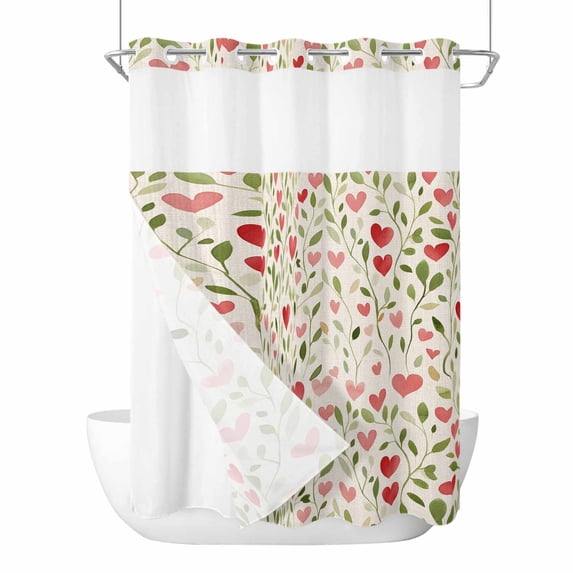 Love Heart Valentines No Hook Shower Curtain Waterproof, Bathroom Curtains with Snap in Liners and See Through Top Window, Rustic Botanical Spring Hotel Style Bathtub Curtains Shower 72"Wx96"L