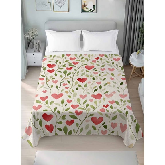 Love Heart Valentines Queen Size Flat Sheet, Wrinkleproof & Fadeproof Cooling Flat Bed Sheet Only, Rustic Botanical Spring Breathable Soft Bedding Top Sheets 90 x 102 Inches